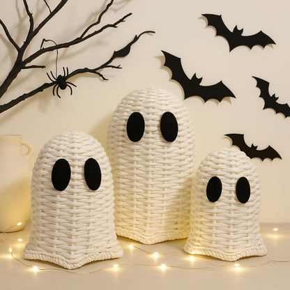 Geelin White 3 Pcs Halloween Rattan Wicker Ghosts Decoration Cute Farmhouse Ghost Figurines for Table Tray Shelf Desk Tiered Tray Centerpieces Indoor Tabletop Halloween Decor