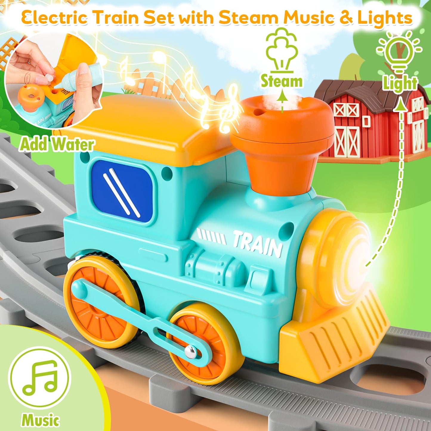 Toddler Toys for 1 2 3 Year Old, Electric Farm Animal Train Set with Music, Lights & Steam, Montessori Counting, Matching & Sorting Learning Toys, Christmas Birthday Gifts for Baby Boys Girls 18M+