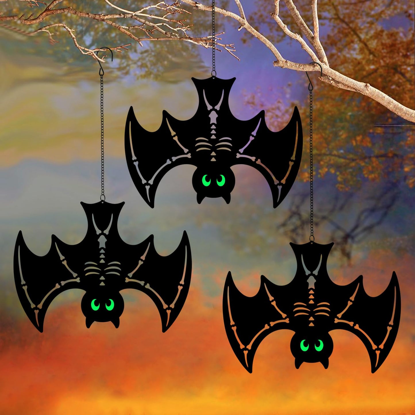 3pcs Metal Hanging Bats Outdoor Halloween Decorations,Black Bat with Glow in The Dark Eyes for Indoor/Outdoor,Halloween Decor