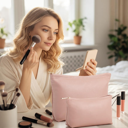 Kigeli 2 Pcs Small Makeup Bag Set for Purse PU Leather Cosmetic Bag Makeup Travel Toiletry Pouch Aesthetic Preppy Organizer Storage Pouch Gift for Teacher Mother Day Women(Pink)