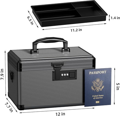 Lockbako Medicine Lock Box with Code, Locking Medicine Box with Removable Tray & Pocket Bag, Portable First Aid Box for Home, 12 * 7.7 * 7.9 Inch (Black)