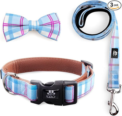 IVY&LANE Dog Collar with Bowtie and Leash Set | Plaid Adjustable Dog Collar | Detachable Bow Tie |5 FT Dog Leash | for Small Medium Large Dogs | Checkered Blue | Small