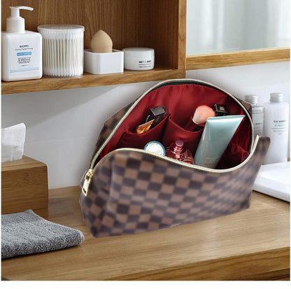 BAGCRAZY Checkered Makeup Bag Set, Elegant Travel Cosmetic Bag 2 Pack, Waterproof PU Leather Makeup Organizer with Zipper for Women