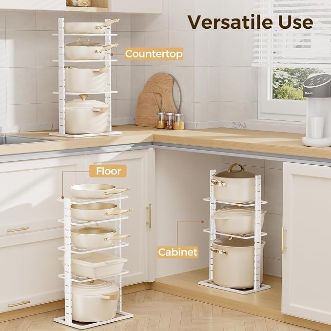 LAMU Pots and Pans Organizer Under Cabinet, 5 -Tier Dual-Pillar Design | Adjustable All-Metal Rack Stores Pots, Pans And Lids in Cabinets, on Countertops or Under Sinks, Holding Up to 55 Lb Black
