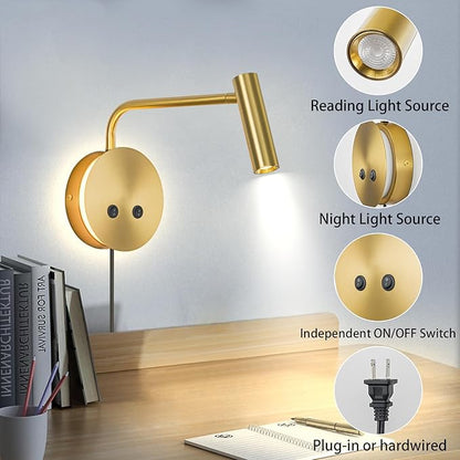 Gold Wall Mounted Reading Light 2 Pack, 3000K Flexible Headboard Reading Sconces with On Off Switch Control, Plug in/Hardwired Wall Light Fixtures with Night Light for Bedside Bedroom Bunk