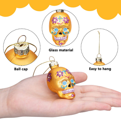Watayo 12 PCS Day of The Dead Glass Ornaments, Dia De Los Muertos Sugar Skull Ornaments, Halloween Hanging Skeleton Head Decorations for Party Xmas Tree Decoration