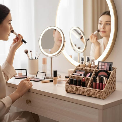 Makeup Organizer, Hand-woven Wicker Basket for Dresser Vanity and Bathroom Countertop, 6 Compartment Skincare Organizer Cosmetic Display Case, Beauty Holder for Lipstick Brush Eyeshadow Palette