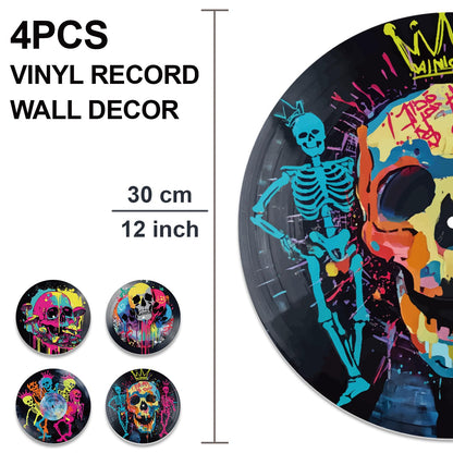 DOODLREAM 4PCS Graffiti Skull Vinyl Record Wall Decor 12" Hippy Halloween Skeleton Wall Art Posters for Room Aesthetic, Retro Record Decor for Music Party Studio Living Room DIY Craft Project