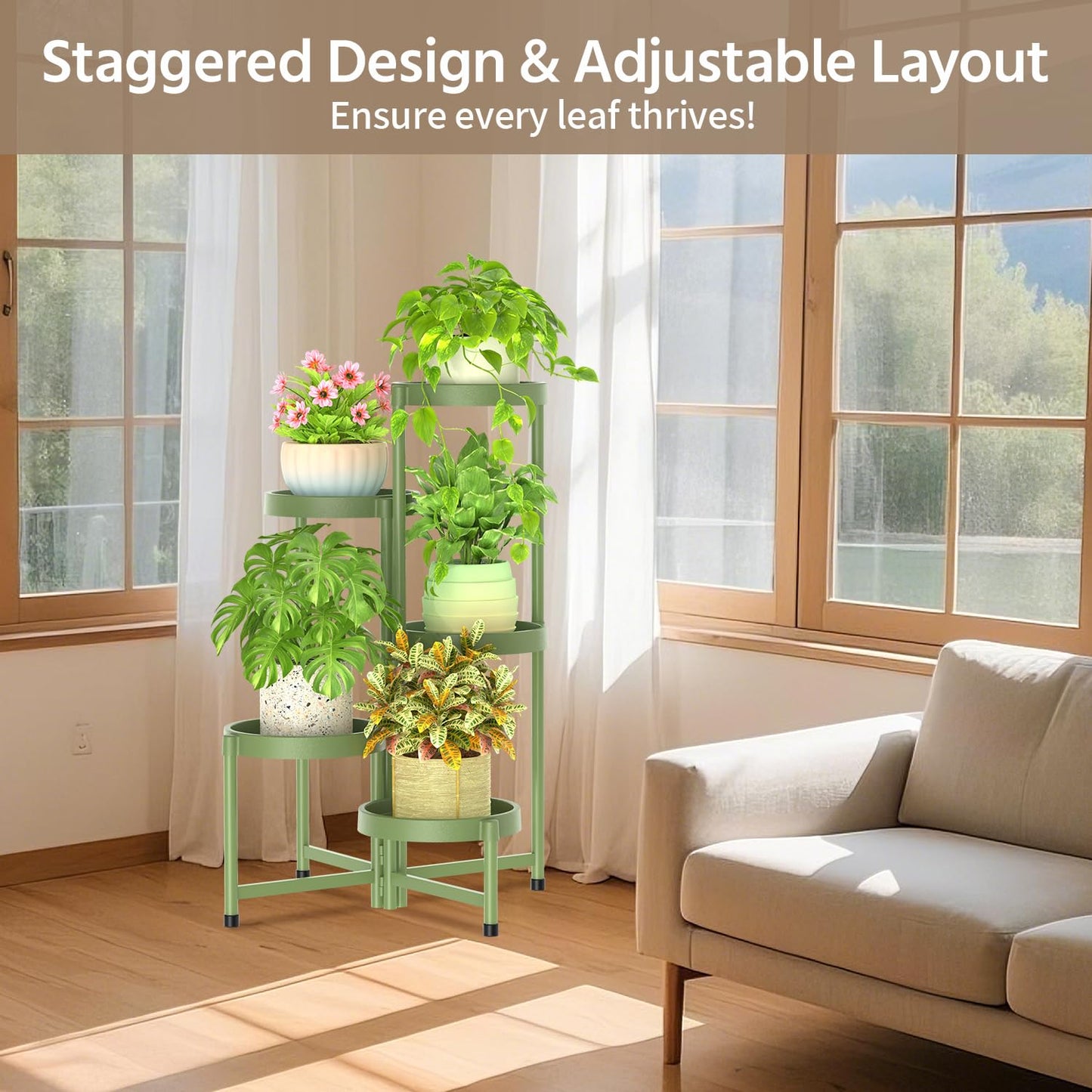 LASZOLA 5 Tiered Plant Stand Indoor Outdoor with Plastic Tray, Corner Folding Tall Flower Display Rack, Modern Plant Holder Shelf for Outdoor Patio Porch Garden Office Living Room, Green