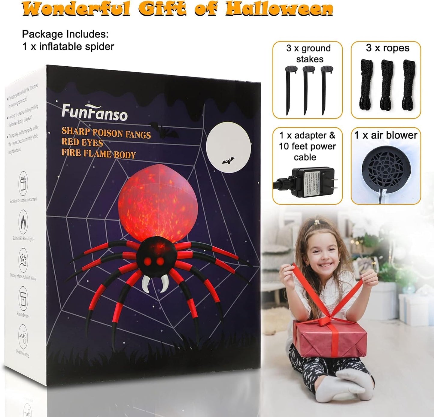 8 FT Halloween Inflatable Spider Outdoor Decorations for Yard, Giant Crawling Spider with LED Rotating Flame, Large Creepy Spider Props for Halloween Party Garden Lawn Patio Outside House Window Decor