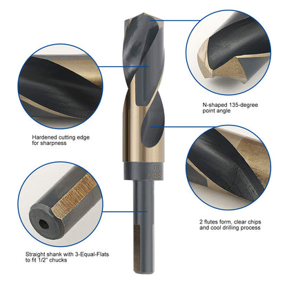 COMOWARE Reduced Shank Drill Bit Set, 8 Sizes from 9/16" to 1", HSS M2, Black & Gold Drill Bit with 3-Flat 1/2" Shank, 135° Split Point, Drills Bits for Metal/Plastic/Wood, with Storage case