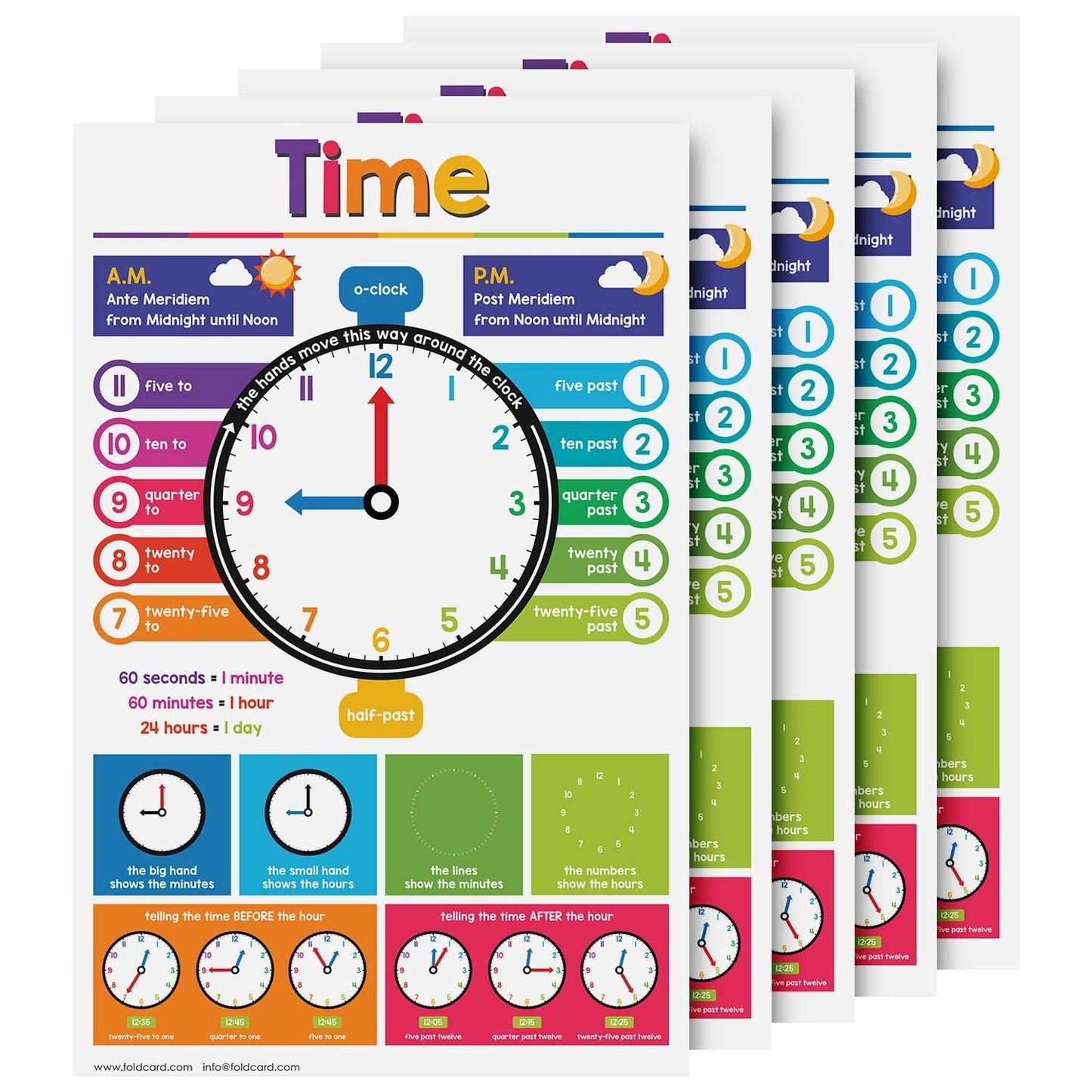Time Educational Charts for Preschool to Gradeschool – Bright and Colorful Visual/Learning Aid Wall Art Poster for Classroom or Home | Printed on Glossy Durable Cardstock | 11" x 17" | 5 per Pack