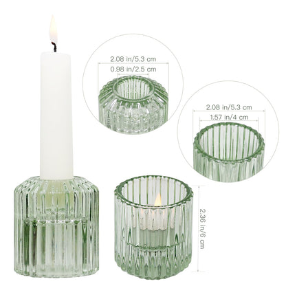 CHOCSTAY 3 Pcs Reversible Green Glass Candle Holders for Taper Tealight LED