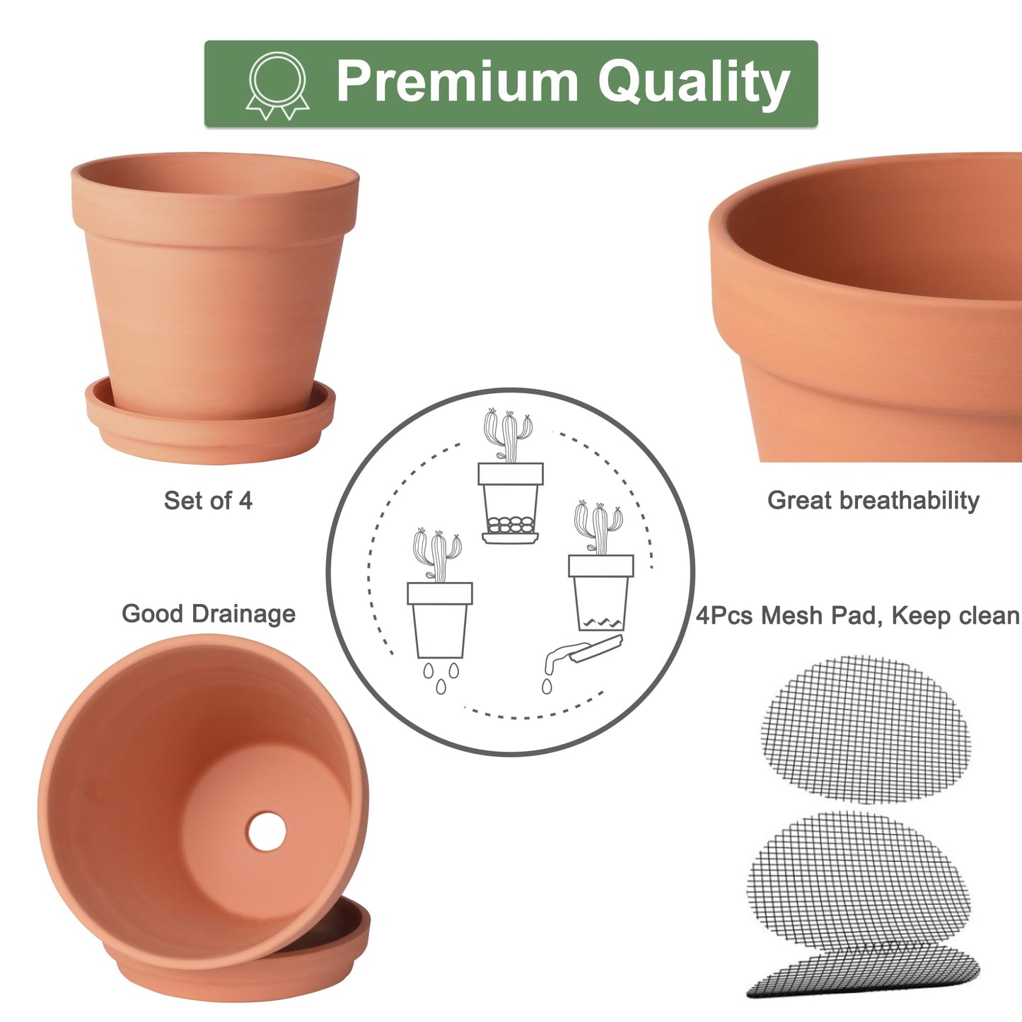 Orceler 6 inch Terracotta & Clay Pots for Plants with Saucer, Medium Terra Cotta Plant Pots with Drainage Hole, Flowerpot with Tray, Terracotta Pot for Indoor Outdoor Plant - Pack of 4 Planters