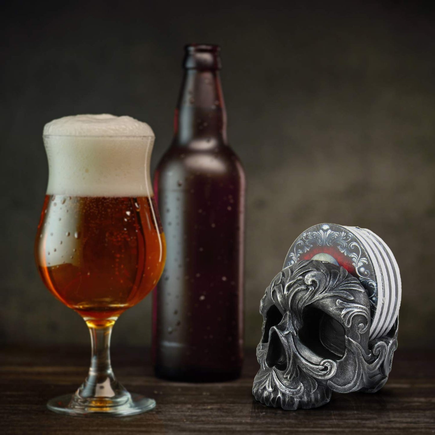 DWK Deathly Delights Decorative Gothic Skull Drink Coasters | 4 Piece Coasters for Drinks Absorbent with Holder Set | Home Decorations for Living Room | House Warming Presents - 5"