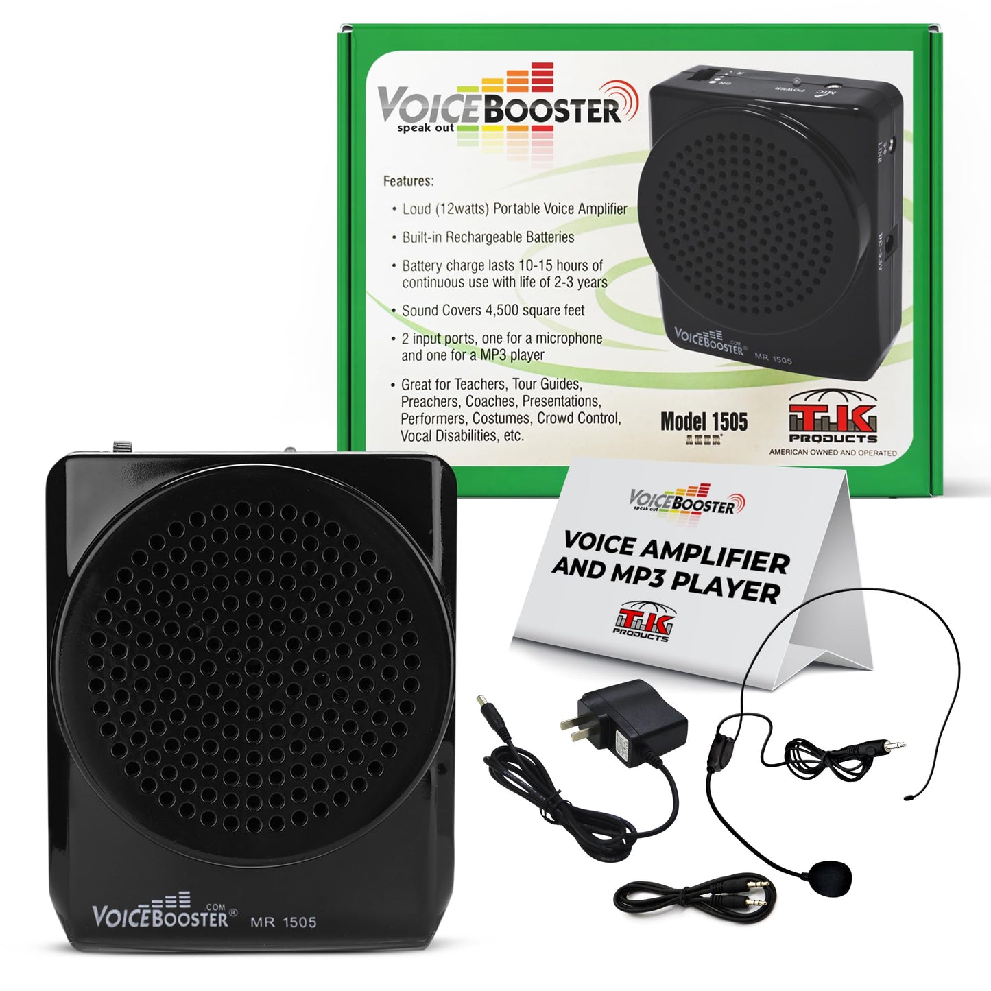 VoiceBooster Portable Voice Amplifier for Teachers - 12W Rechargeable Portable Speaker & MP3 Player with Wearable Microphone Headset for Classroom, Tour Guide, Elderly, Public Speaking - MR1505