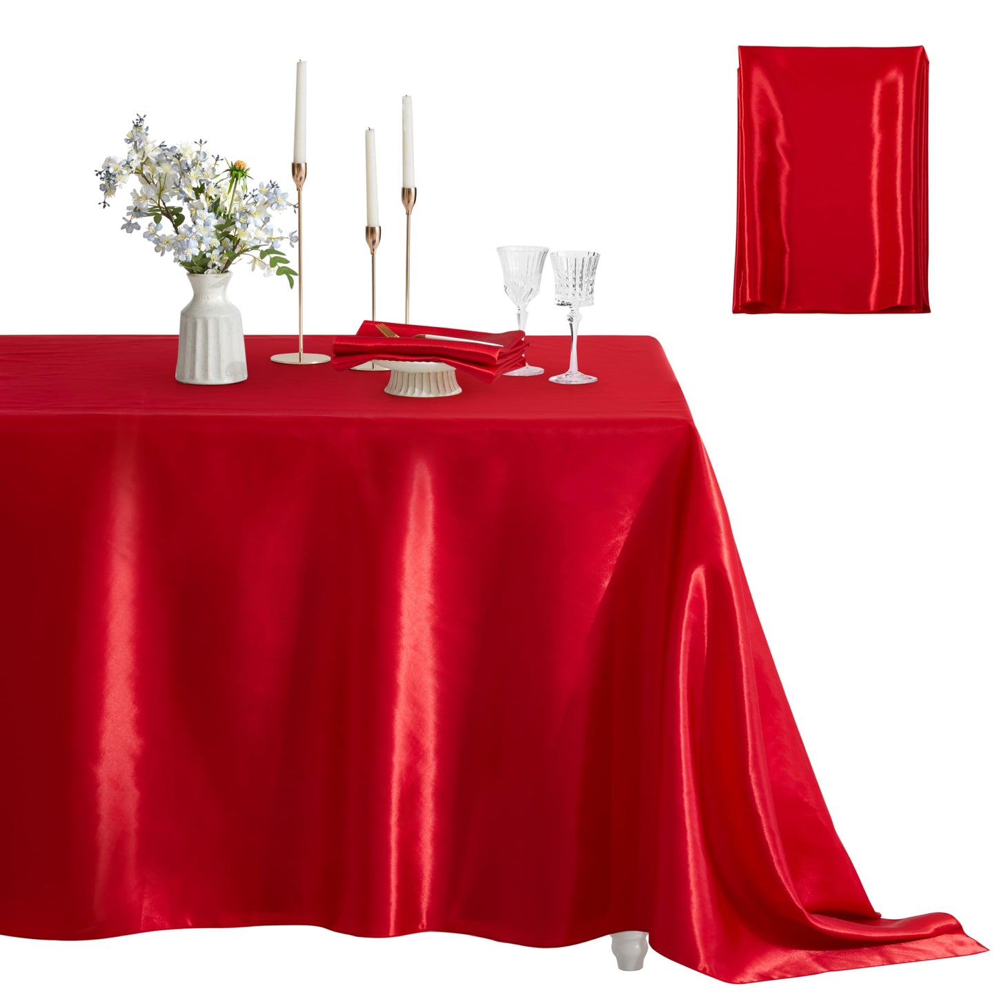 Counfeisly 1 Pack Satin Table Cover Rectangle Silkly Soft Table Cloth, Satin Dining Table Cloths for Wedding Banquet Table Decoration, Dining Room, Indoor and Outdoor Use, 60 x 120 Inches, Red