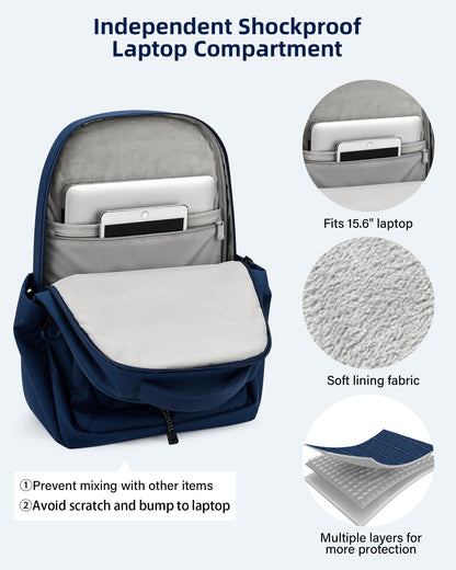 HanTrip Travel Laptop Backpacks for Women Men, Large Work Backpack for Commuter College School Book Bags, Reflective Water Resistant Backpack with Luggage Strap Bottle Pocket Chest Strap, Navy Blue