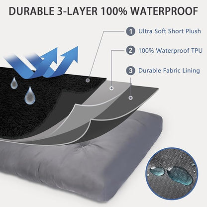Dog Crate Bed Waterproof Deluxe Plush Dog Beds with Removable Washable Cover Anti-Slip Bottom Pet Sleeping Mattress for Large, Medium, Jumbo, Small Dogs, 35 x 22 inch, Black