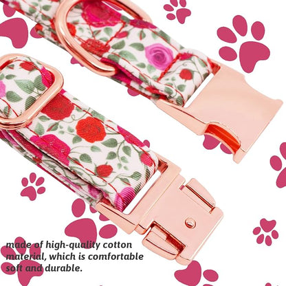Dog Collar and Leash Set Girls Adjustable Puppy Collars with Floral Bow Tie for Small Medium Large Female Dogs, Red Rose, M