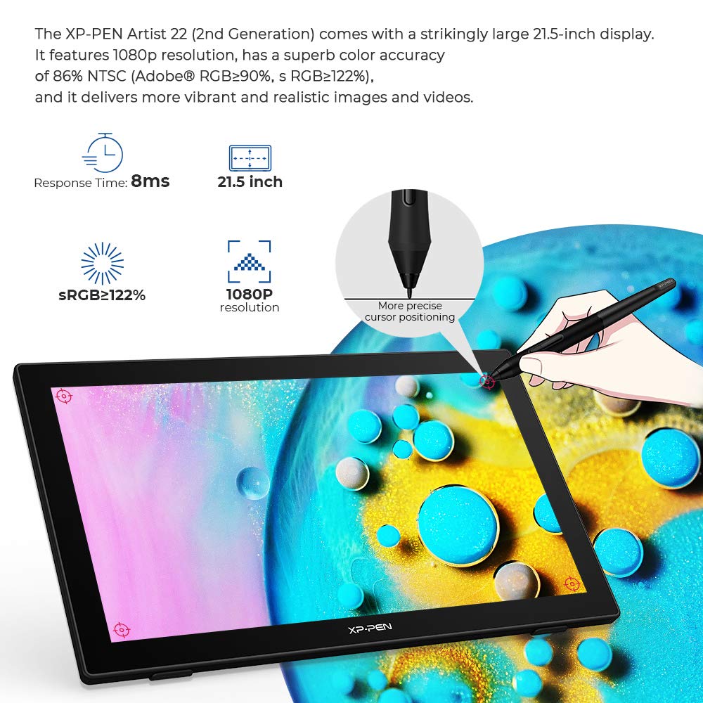 Drawing Tablet with Screen XPPen Artist 22 2nd Computer Graphics Tablet 122% sRGB with Tilt Function Battery-Free Stylus Adjustable Stand, 21.5inch Pen Display Compatible with Windows PC, Mac, Linux