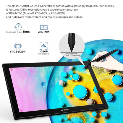 Drawing Tablet with Screen XPPen Artist 22 2nd Computer Graphics Tablet 122% sRGB with Tilt Function Battery-Free Stylus Adjustable Stand, 21.5inch Pen Display Compatible with Windows PC, Mac, Linux