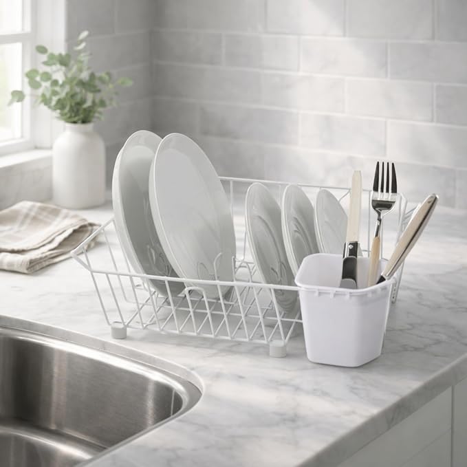 Oggi Compact Dish Drying Rack - White Metal Dish Drainer Rack, Drying Rack Kitchen, Dish Rack, Dish Racks for Kitchen Counter, Durable Coated Metal Kitchen Drying Rack with Cutlery Holder