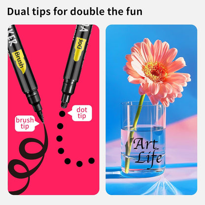 NAWOD 3 Black Acrylic Paint Pens, Acrylic Paint Markers Dual Tip (Dot Tip + Brush Tip), Acrylic Permanent Markers for Rock, Fabric, Canvas, Ceramic, Glass, Wood, Paper, Labeling, Drawing, DIY Crafts