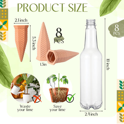 Baderke 8 Pack Plant Self Watering Spikes with 8 Pack 500 ml Plastic Wine Bottles, Automatic Terracotta Self Watering Devices for Garden Indoor Outdoor Plant