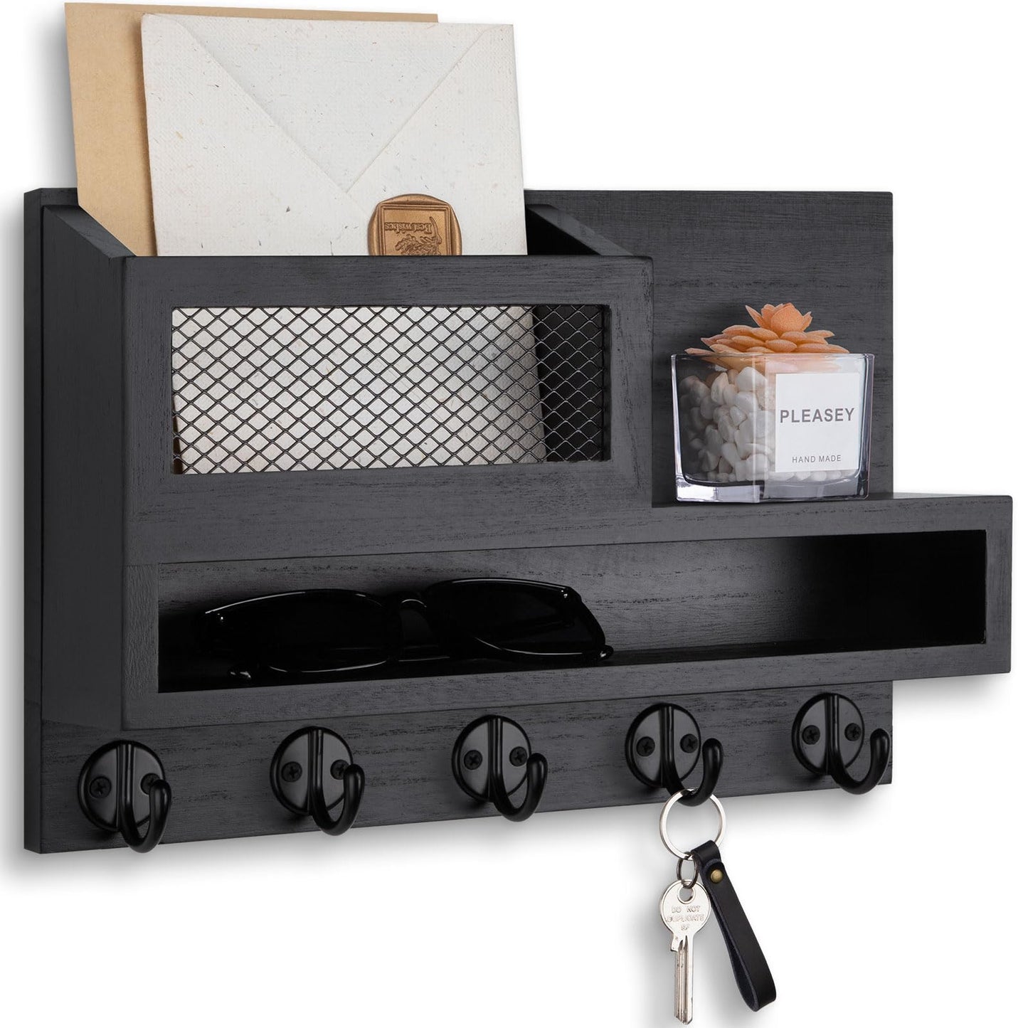 Lucundm Key and Mail Holder Wall Mount, Key Hanger with Long Storage Box and 5 Hooks for Coat, Dog Leash, Home Decor Rack, House Accessories, Entry Way Organizer 11.8”W x 7.8”H x 3.2”D