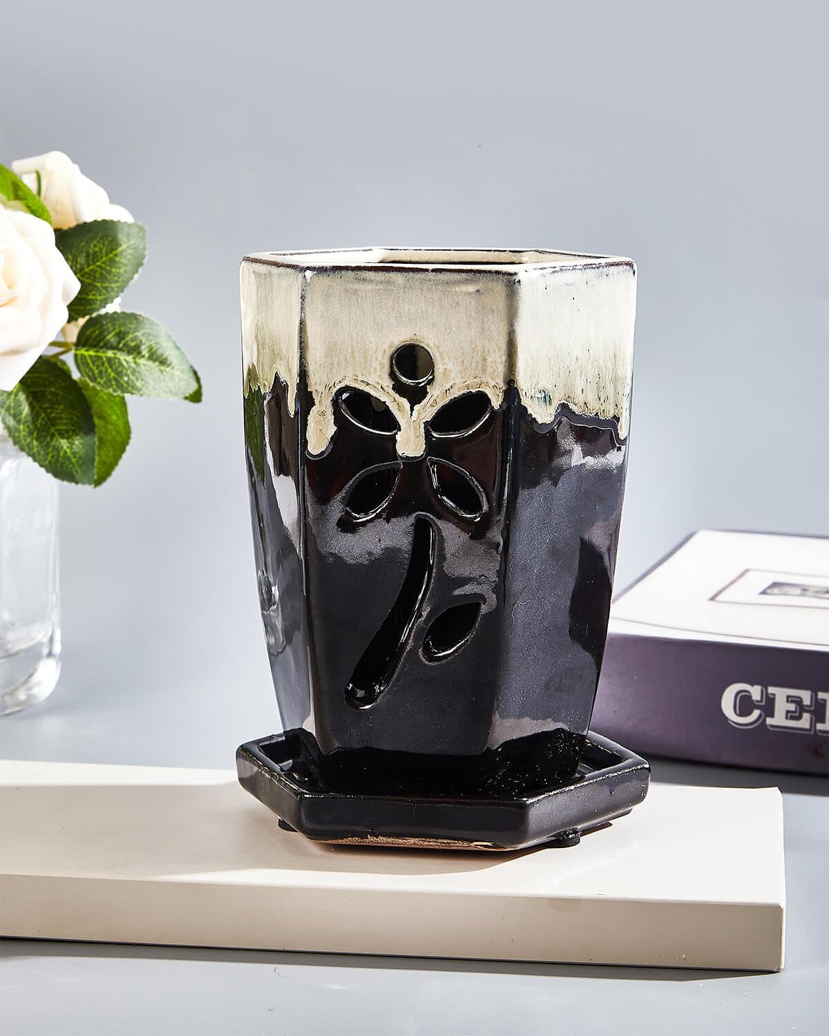 vensovo 4 Inch Ceramic Orchid Pot with Holes and Saucer, 1 Pc Small Hexagon Succulent Planter for Repotting, Garden Flowerpot for Indoor Outdoor Plants, Promotes Air Circulation (Black Mixed)
