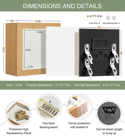 RTZQQIN 3x3 Mini Shadow Box Display Case Picture Frame with Soft Linen Back,Small Wood Color Shadow Box 3x3 for Flowers Medal Display Case Jersey pet Graduation Memorabilia Baby Ltems Crafts Photos