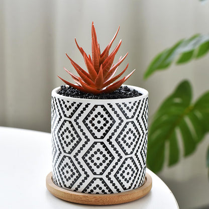 Succulent Pots, 3.5 Inch Small Succulent Planters with Drainage for Plants Live, Hand-Painted Ceramic Pot Flower Pots Bonsai Pots with Bamboo Tray, Unique Gifts for Women/Men, 4 Pack (Geometry-2)