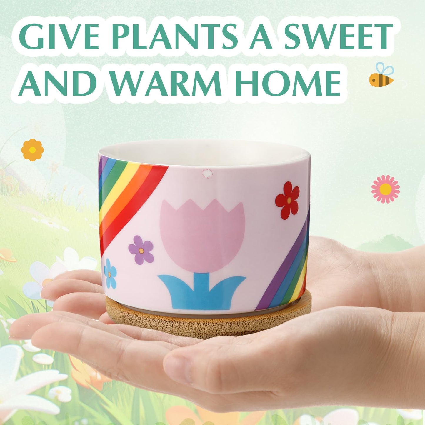 LOYIM 6 Pcs Ceramic Succulent Pots with Drainage and Bamboo Trays, Aesthetic Flower Planters for Spring Decor, Cute Decorative Succulent Pots for Mothers Day, Plant Lovers Gift, 3.7 Inch