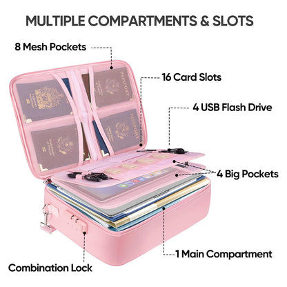 BALEINE Fireproof Document Box with Lock, Portable Fireproof Document Bag Waterproof Fire Proof File Boxes for Documents, File Organizer Box for Important Paperwork (Pink, 15''x11''x4'')