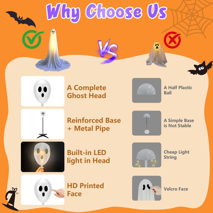 Evoio Halloween Decorations Outdoor 2 Packs 57'' Standing Ghost Adjustable Height, Light Up Spooky Halloween Decor with Built-in LED, Indoor Outside Yard Porch Lawn Party Supplies Decors
