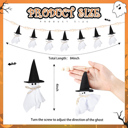 VitalCozy 7ft Halloween Garland Cute Witch Hat Ghost with Wooden Beads Garlands Farmhouse Rustic Halloween Banner for Wall Haunted House Party Yard Outdoor Spring Decor Supplies