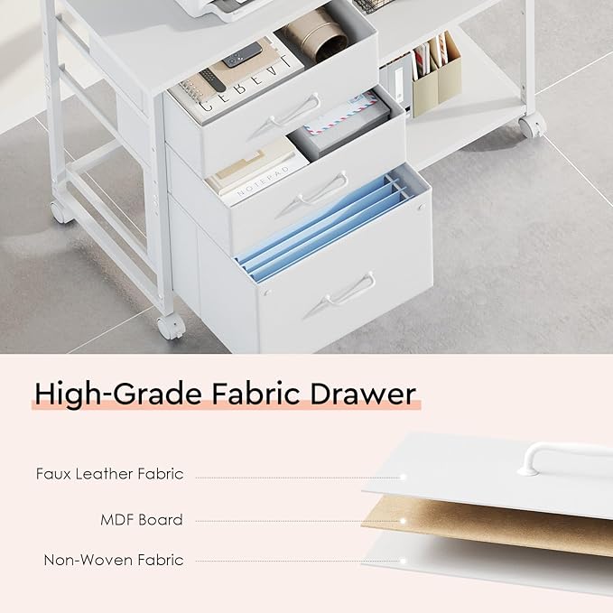 Maihail 3 Drawer File Cabinet with Wheels Rolling Printer Stand with Open Storage Shelf Fabric Lateral Filing Cabinet for Home Office,White