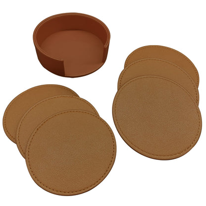 KEMMPER Coasters Set of 6 Soft Leather Drink Coaster Round Coaster with Sewing Around, Suitable for Various Cups, Wooden Tables,Home Decoration,4 Inches(Brown)
