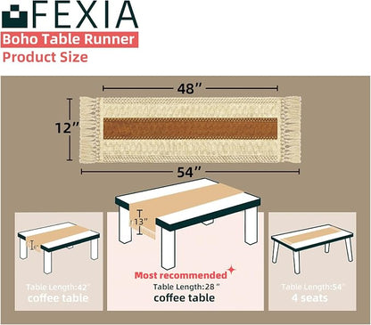 FEXIA Boho Table Runner 48 Inches Long Macrame Summer Decor Coffee Table Cover Farmhouse Stylewith Tassels for Party Bohemian Rustic Wedding Bridal Shower Dining Room Middle Brown (12x48 Inches)