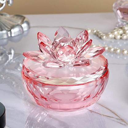 Dounx Crystal Jewelry Box, Small Glass Trinket Jar with Lid, Clear Lotus Flower Storage Holder for Women, Elegant Organizer Dish for Ring, Earrings, Necklace, Gift (Full pink)