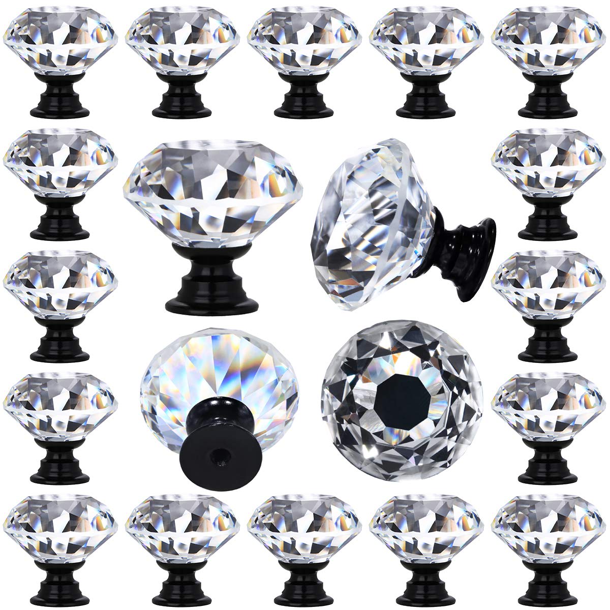 DEELF OUTLET 12 Packs Crystal Cabinet Knobs Drawer Pulls and Knobs Diamond Dresser Handles Crystal Pulls for Drawers - 30 mm Clear Glass Cabinet Knob with Black Base