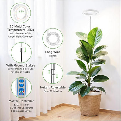 Aokrean Grow Lights for Indoor Plants, 6000K Full Spectrum Plant Grow Lights, Height Adjustable 10"-65" Growing Lamp, Automatic Timer 6/12/16Hrs, 5-Level Dimmable, Idea for Large Plant, 2 Pack