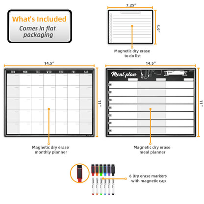 JJPRO Magnetic Monthly Calendar and Meal Planning Board Set for Fridge-Dry Erase Monthly Calendar for Refrigerator, Menu Whiteboard -Bonus to-do Notepad