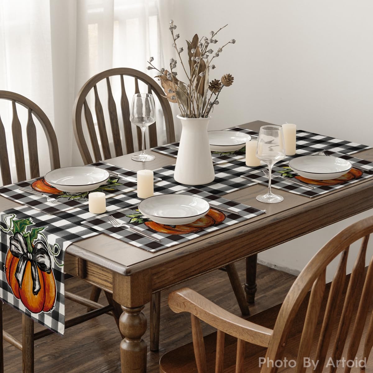 Artoid Mode Buffalo Plaid Pumpkin Bow Fall Placemats Set of 6, 12x18 Inch Seasonal Table Mats for Table Runner Party Kitchen Dining Decoration