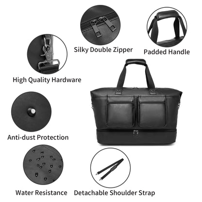 Pu Leather Travel Duffle Bag, Overnight Weekender with Shoe Compartment - Large Gym Bag for Men & Women - Black