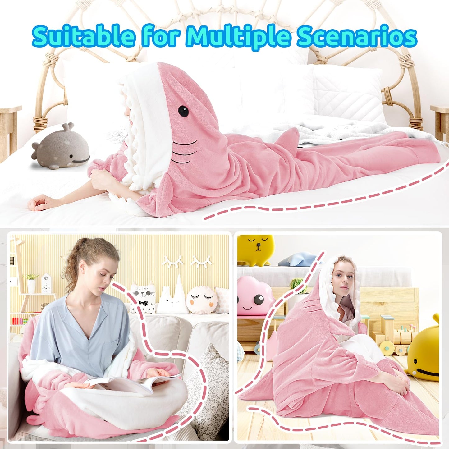 Shark Blanket Onesie for Adult Super Soft Cozy Flannel Throw Wearable Blanket Hoodie, Cartoon Animals Shark, Sleeping Bag Cosplay Shark Costume Blanket Gifts for Shark Lovers (Pink,S)