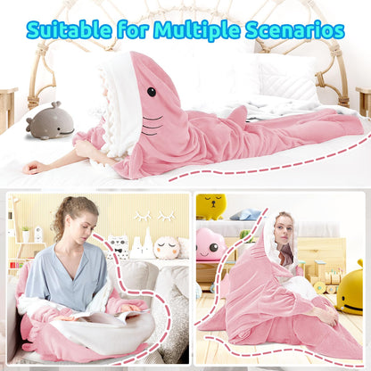 Shark Blanket Onesie for Adult Super Soft Cozy Flannel Throw Wearable Blanket Hoodie, Cartoon Animals Shark, Sleeping Bag Cosplay Shark Costume Blanket Gifts for Shark Lovers (Pink,S)