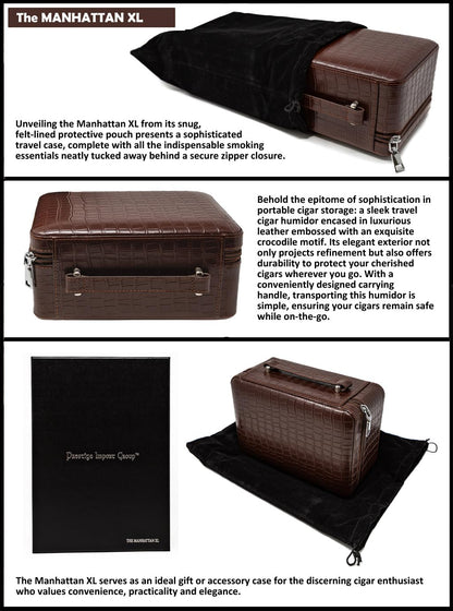Prestige Import Group Manhattan XL Travel Cigar Humidor Case Set (Hygrometer, Ashtray, Cutter, Lighter, Humidifier) - Brown