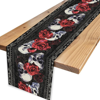 Gothic Table Runner, Rustic Dark Skull Damask Red Floral Flower Day of The Dead Halloween Retro Table Center Decor for Home Kitchen Dining Holiday Party Indoor Outdoor Table Decorations, 13" x 72"